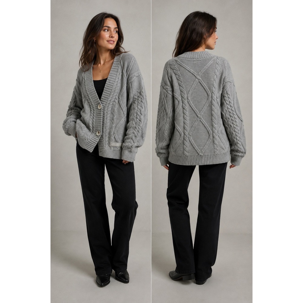 NA-KD Womens Grey Cable Knit Oversized Cardigan Sweater V-Neck Button Front